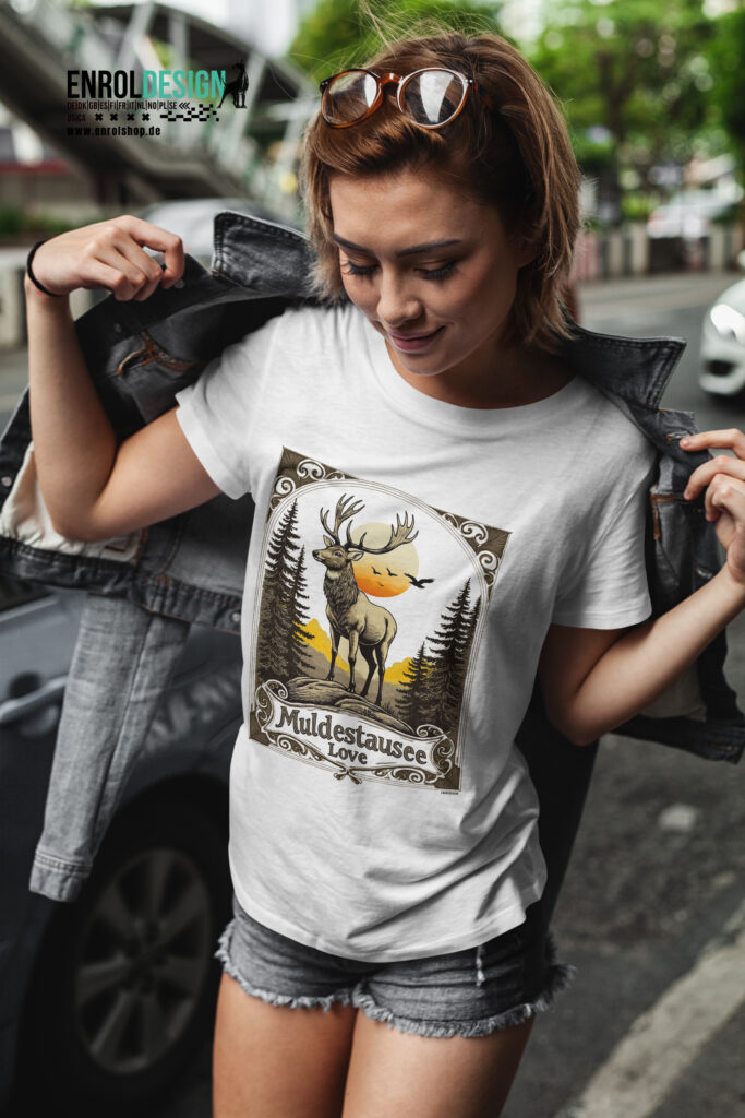 Frau trägt weißes T-Shirt mit stilvollem Hirsch-Motiv und Muldestausee Love Schriftzug – regional inspiriertes Design von EnrolDesign.